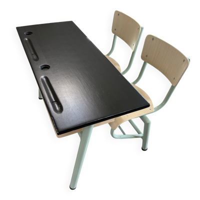 Bureau écolier vintage 2 places entièrement rénové – Plateau ardoise