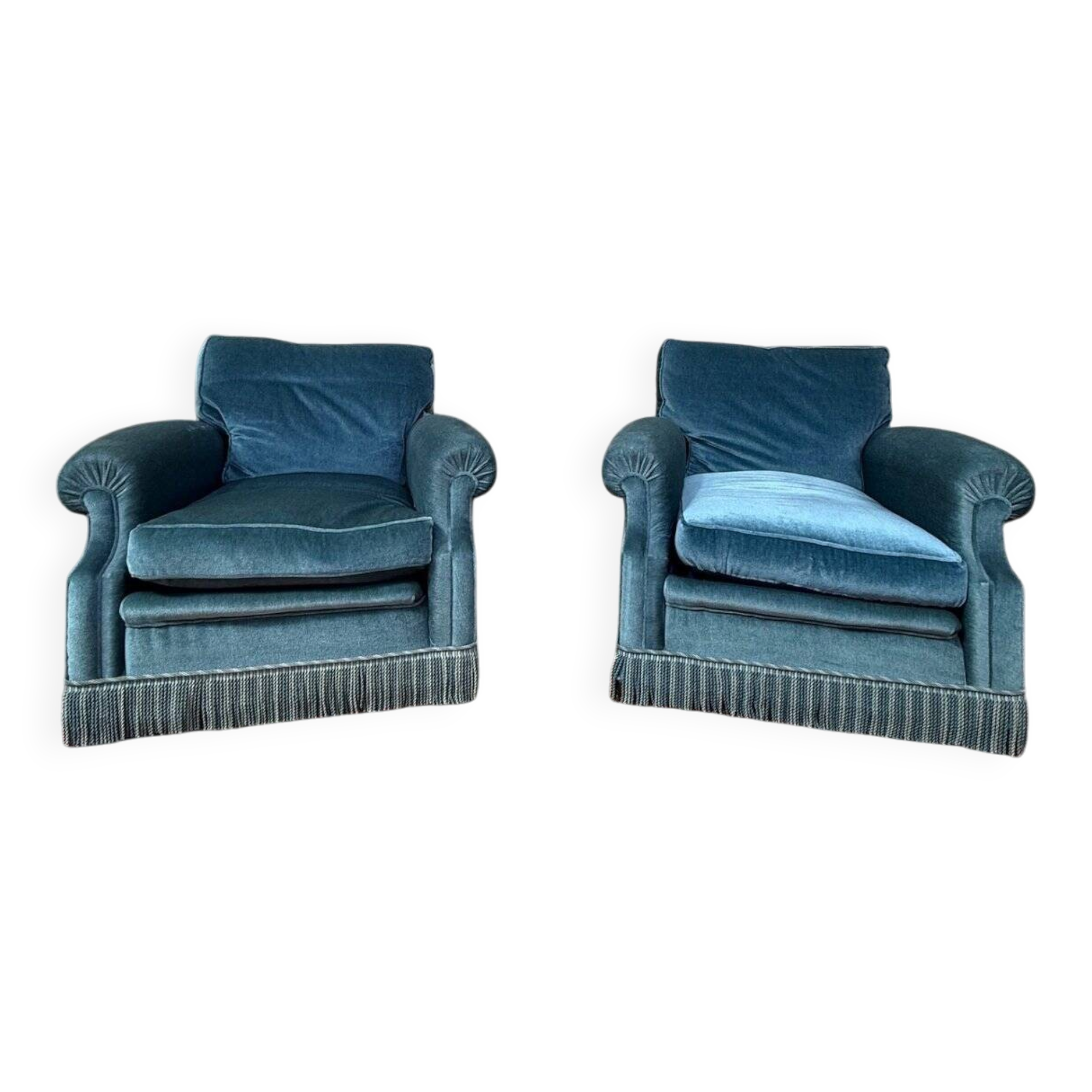 Pair of club armchairs – Napoleon III style – Blue-grey velvet – 19th century.