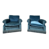 Paire de fauteuils club – Style Napoléon III – Velours bleu-gris – XIXe s.