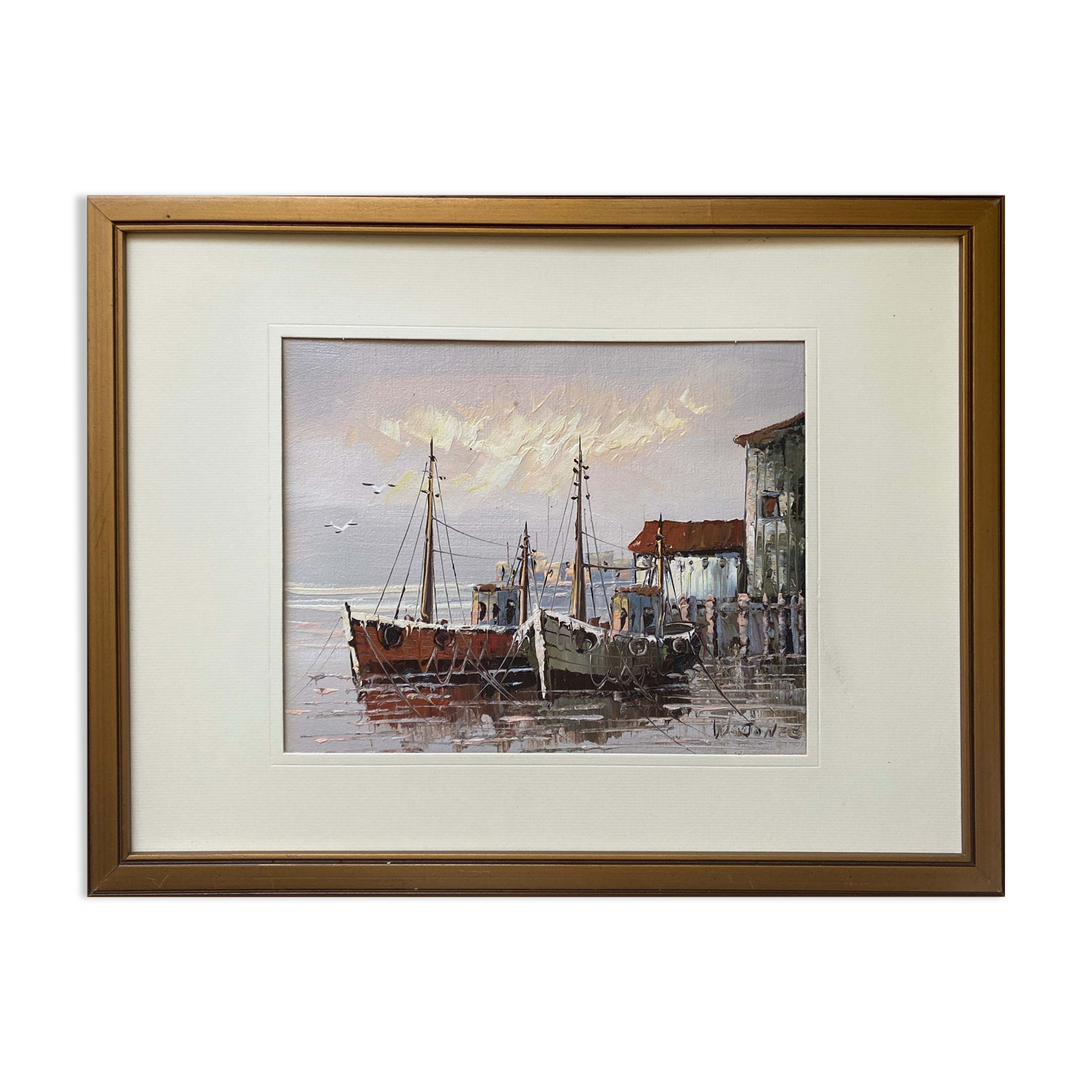 Tableau HST "Marine, les barques au port" signé W. Jones, référencé