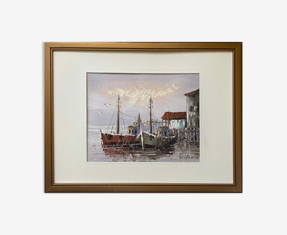 Tableau HST "Marine, les barques au port" signé W. Jones, référencé