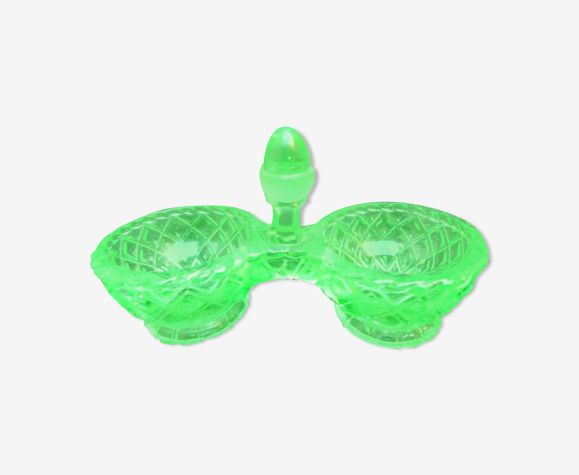 Salière Art Déco verre vert, 2 salerons sur pied à croisillons, PORTIEUX