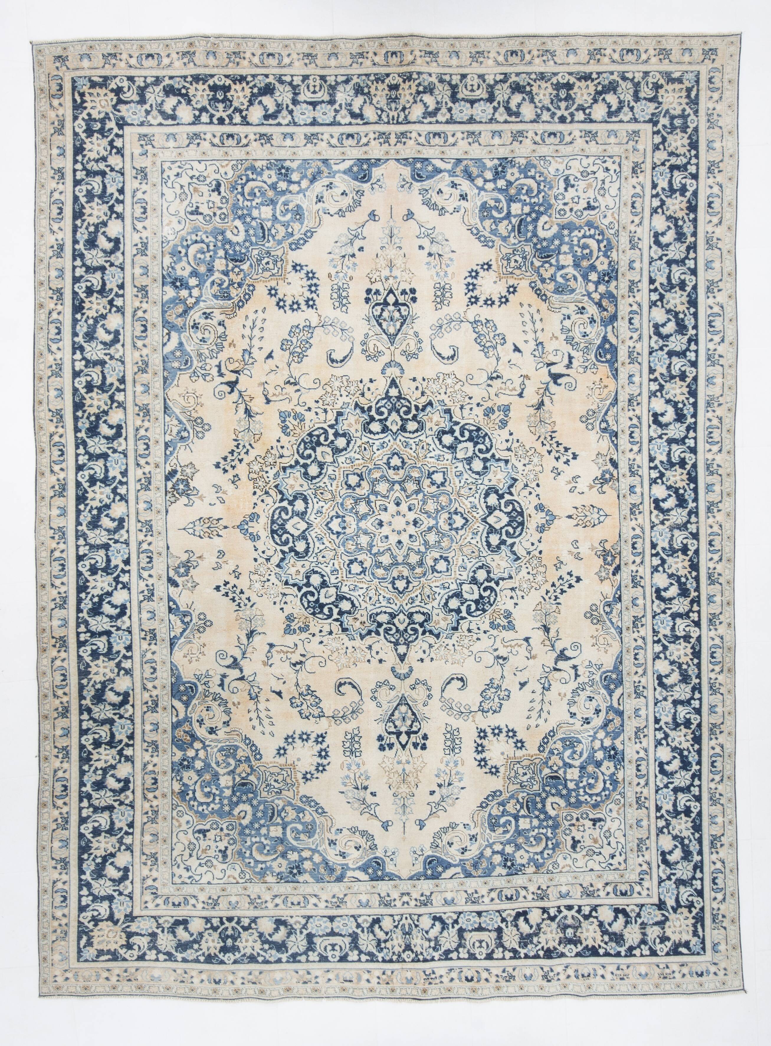 Élégance Persane en Bleu, Tapis Vintage d’Artisanat Raffiné, 282x385 Cm