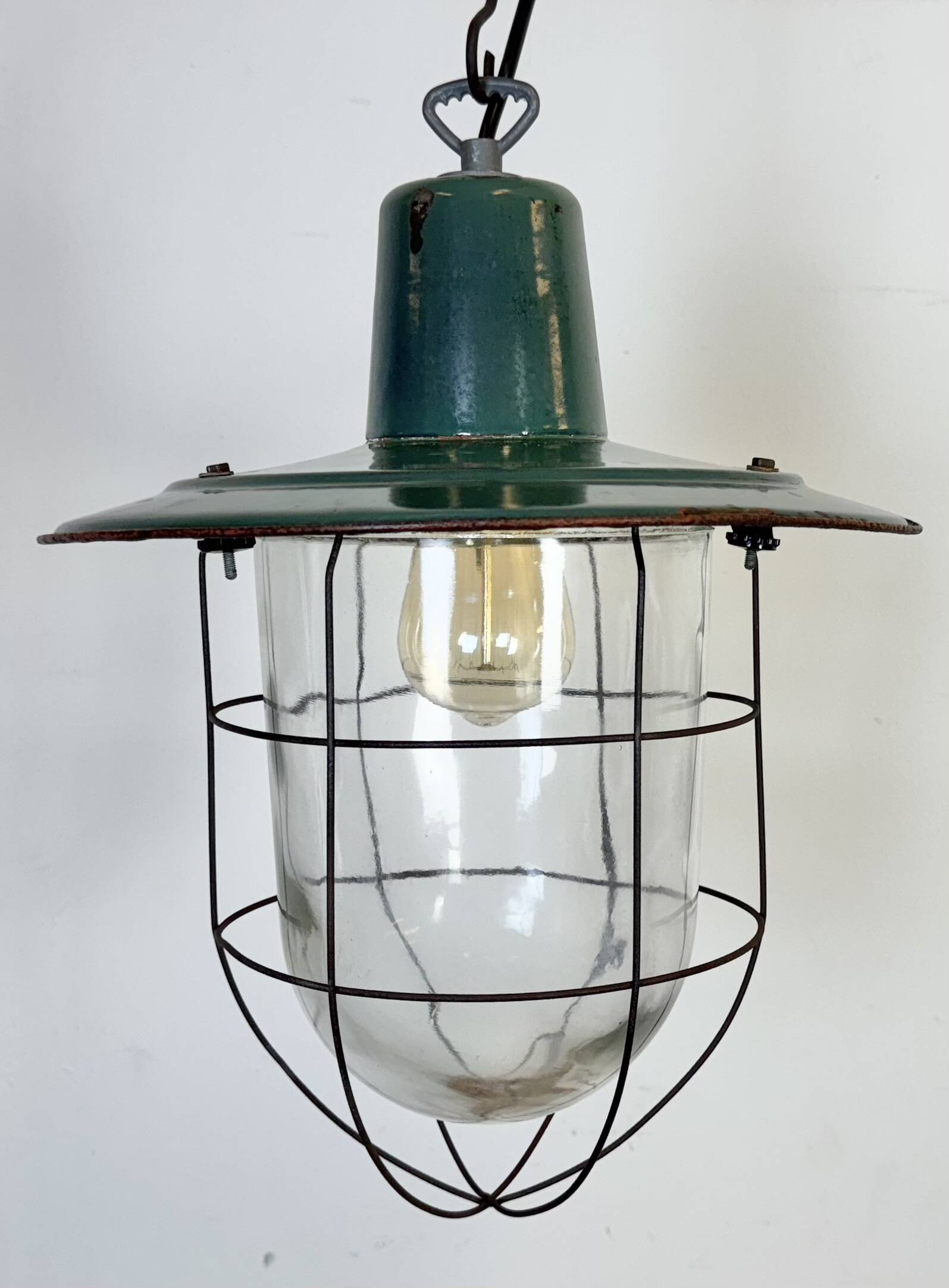Industrial Green Enamel Cage Pendant Light, 1960s