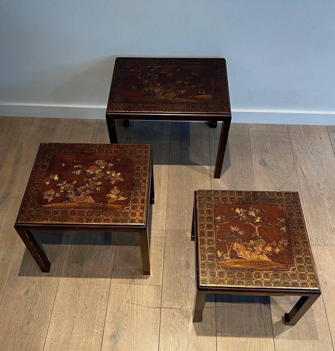 Set of Three Lacquered Nesting Tables with Chinese Decorations, France circa 19