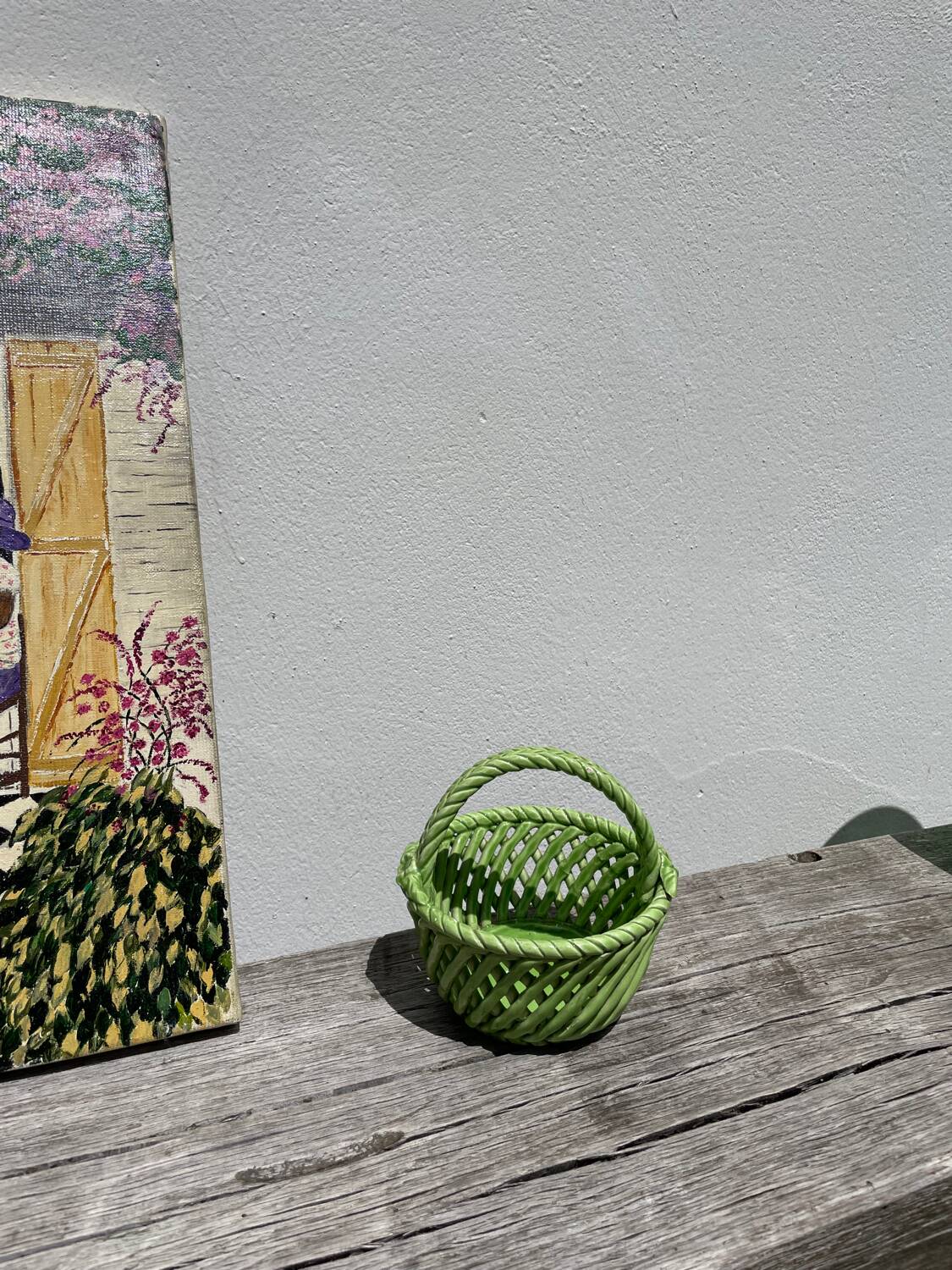 Basket dish in green woven earthenware / old ceramic