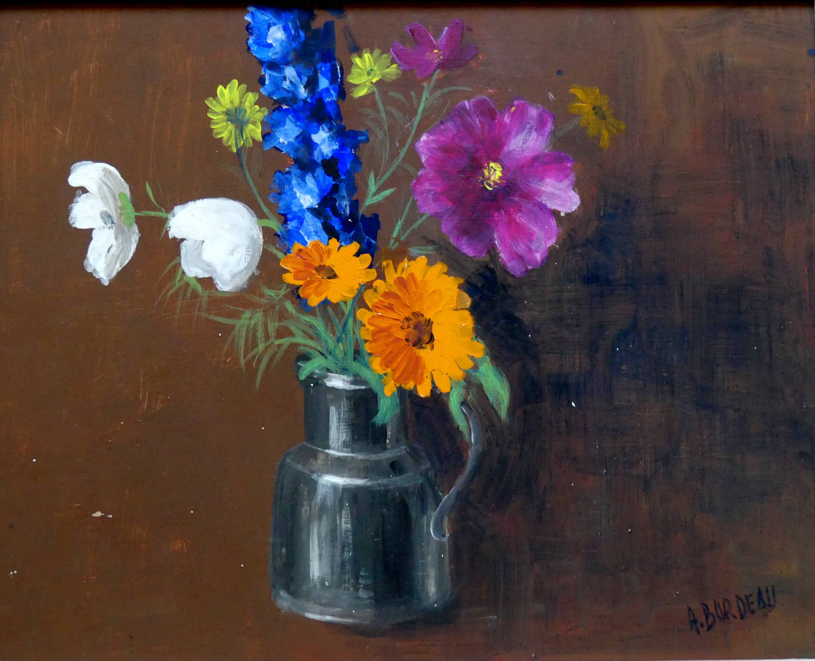 Painting colorful flowers on hardboard still life signed framed