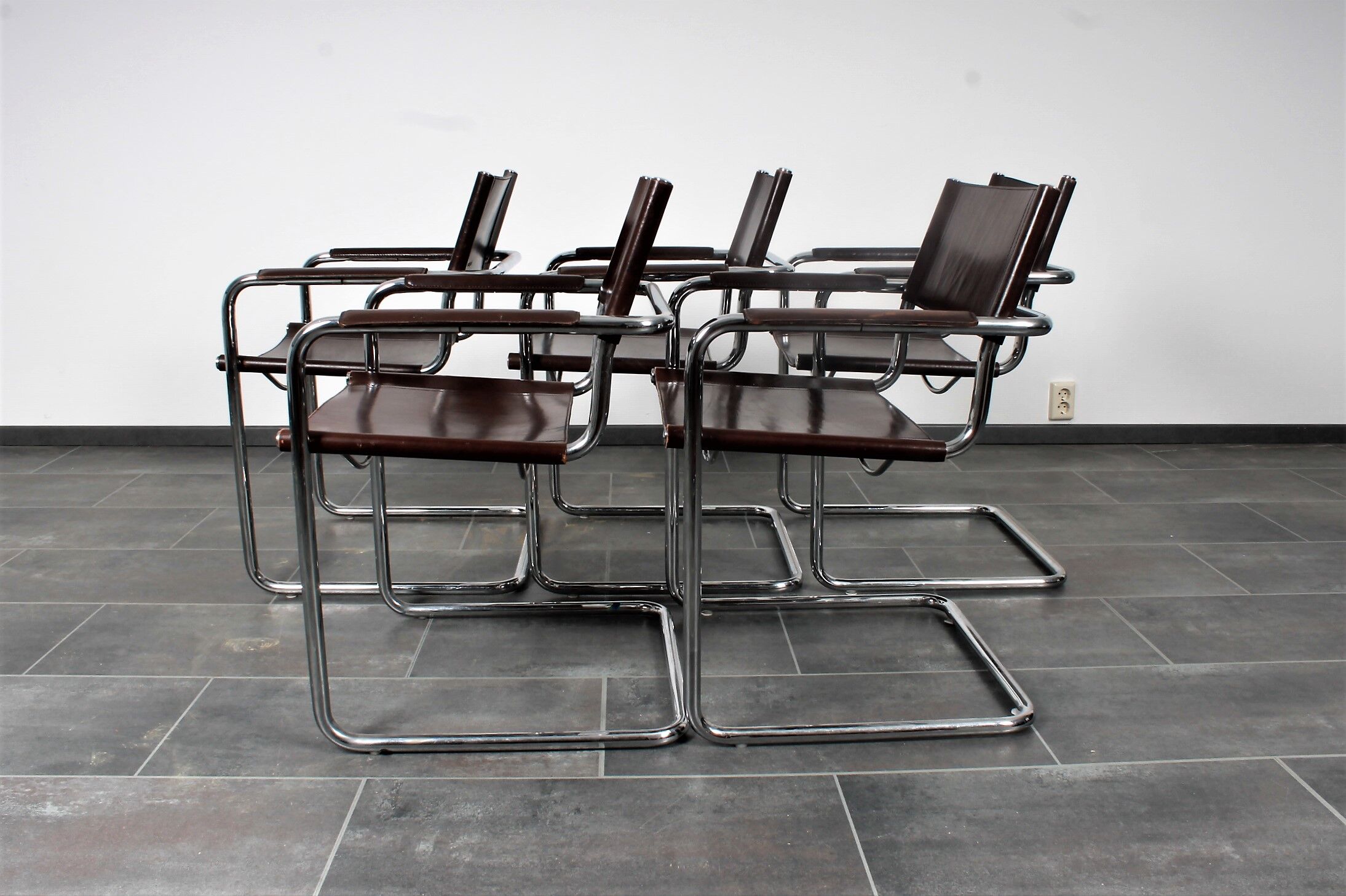 Set of 5 Cantilever MG5 chairs by Matteo Grassi in brown leather