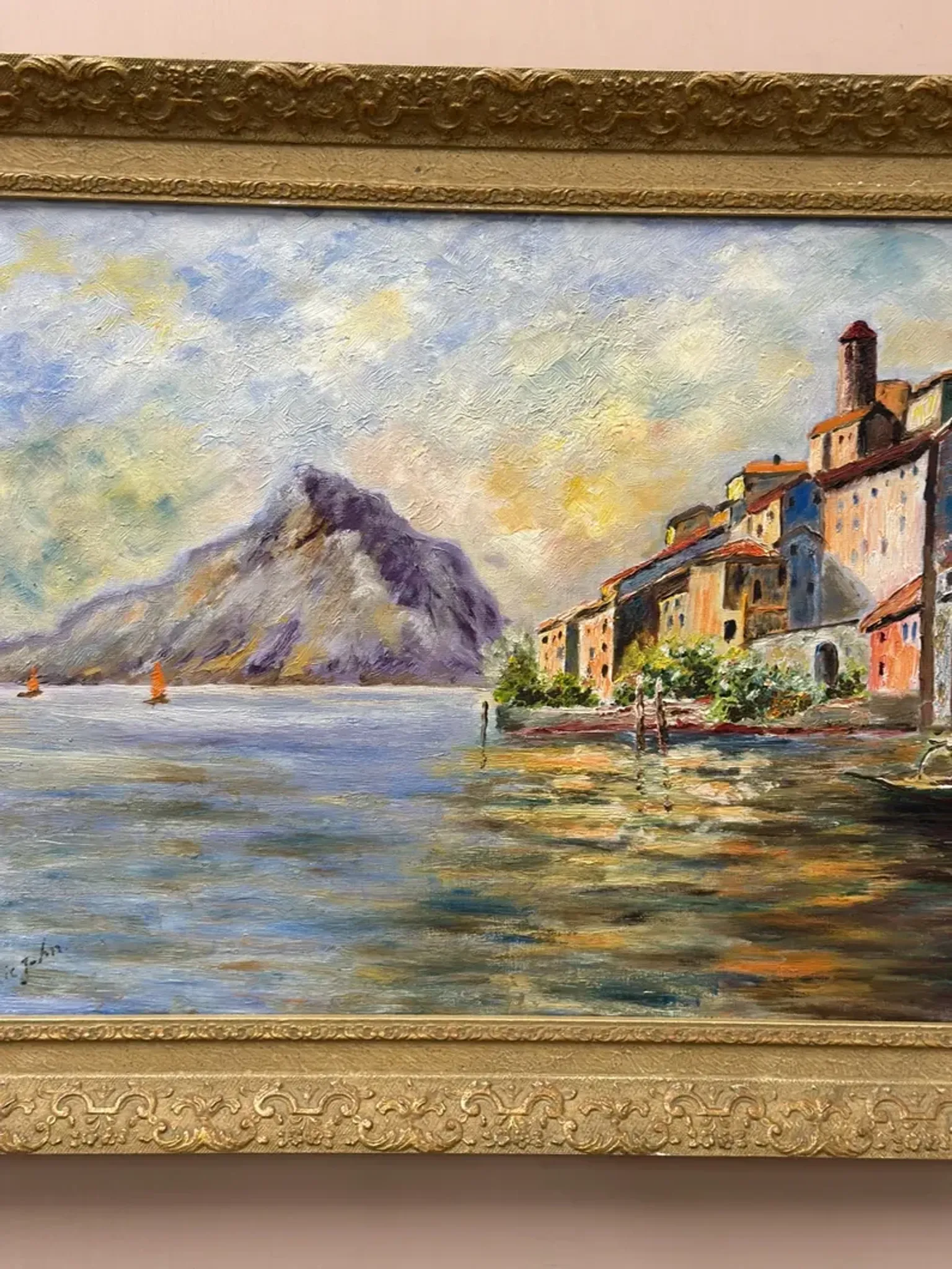 Original Swedish Oil on Canvas – “City and the Lake” by Eric Johan – Vintage & Framed