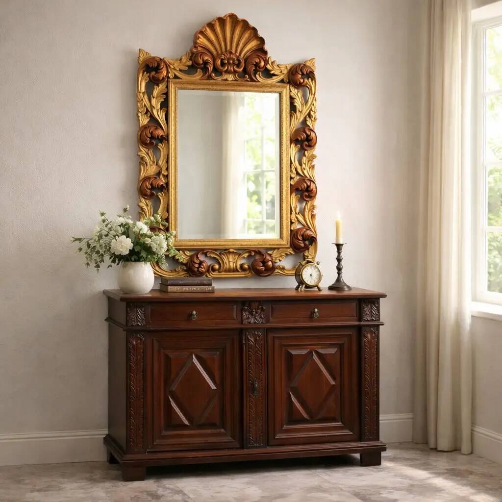 Antique baroque style mirror in carved wood, Italy, 20th century.
