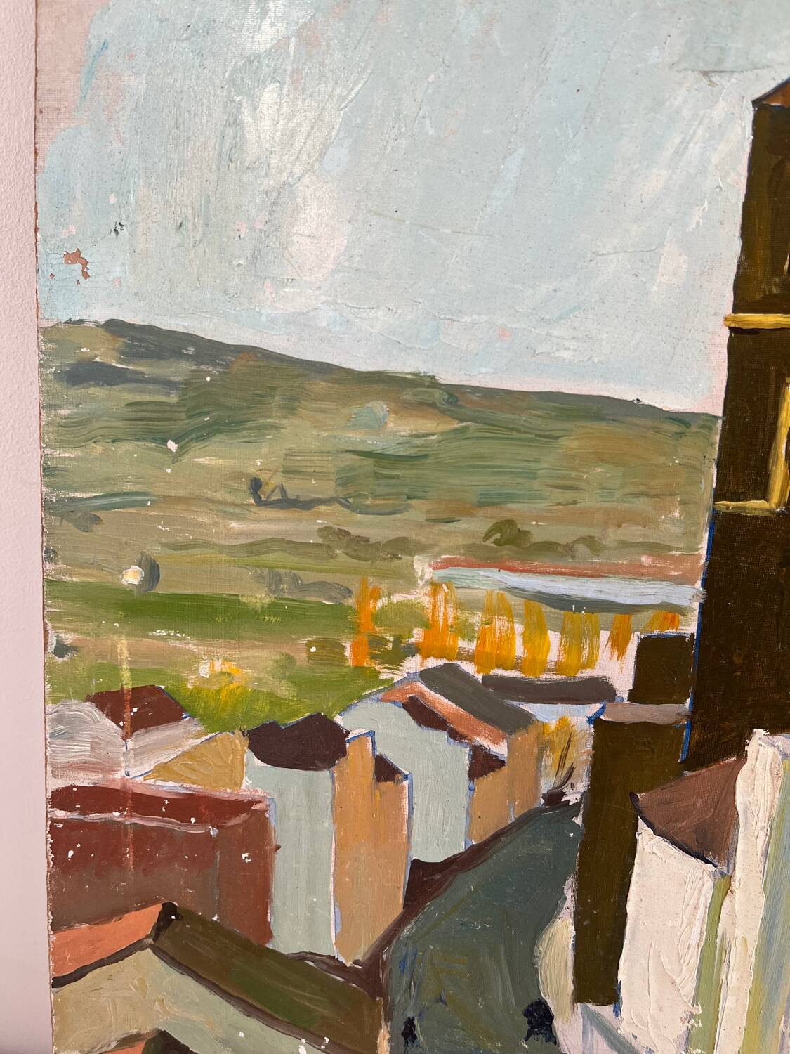 Castle in the rooftops, oil on wood panel, signed JA Dompierre.