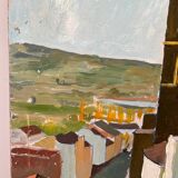Castle in the rooftops, oil on wood panel, signed JA Dompierre.
