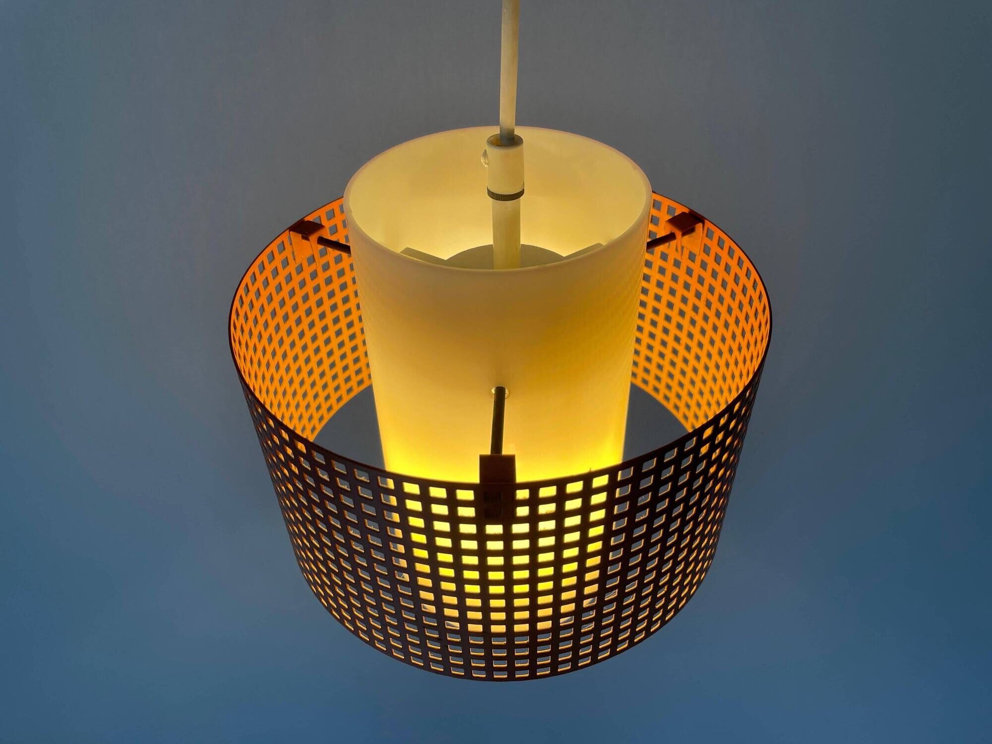 Suspended lamp in pink metal and plexiglass, Danish design, 1960s, Denmark.