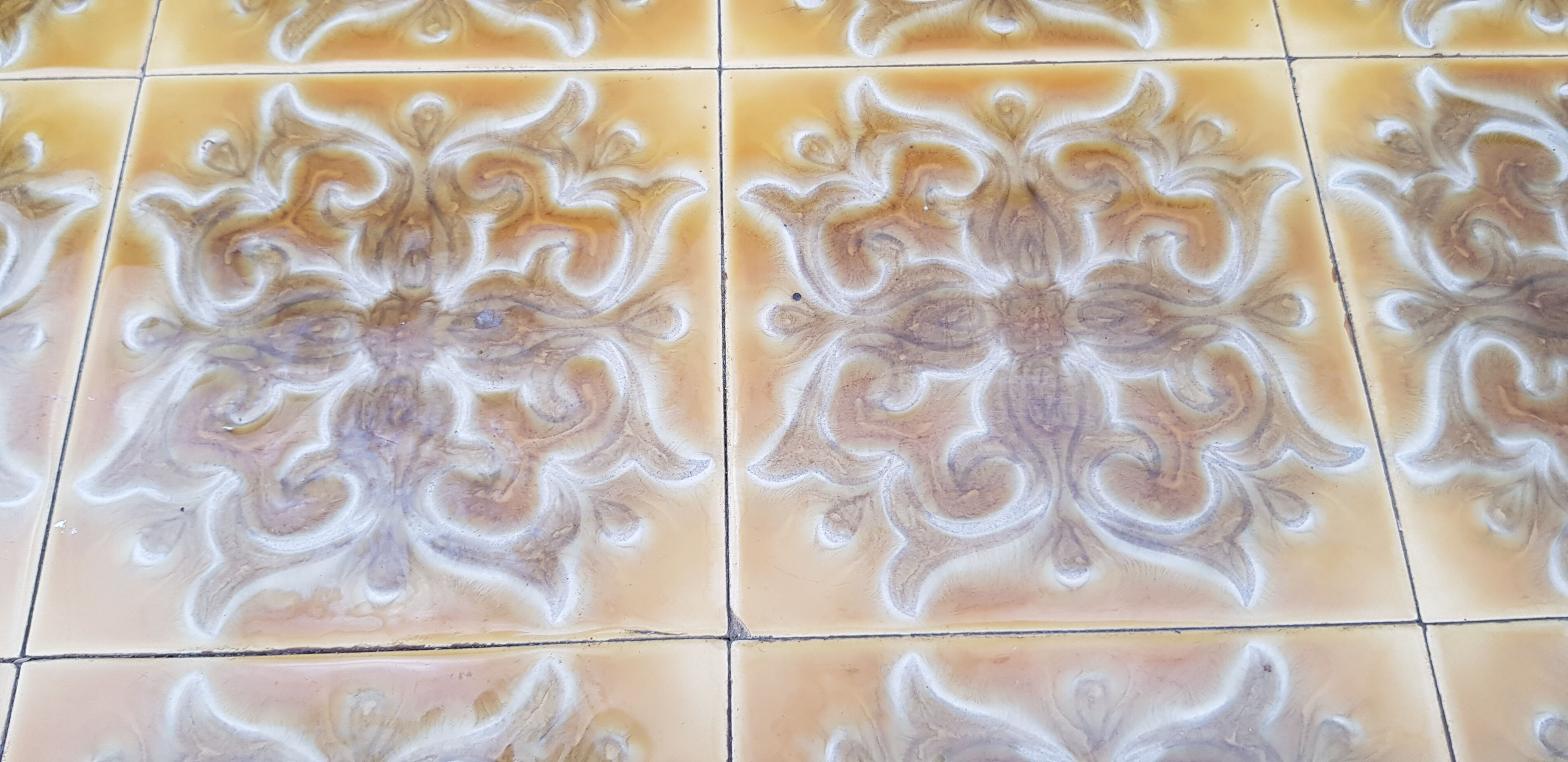 Antique vintage coffee table with glazed earthenware top