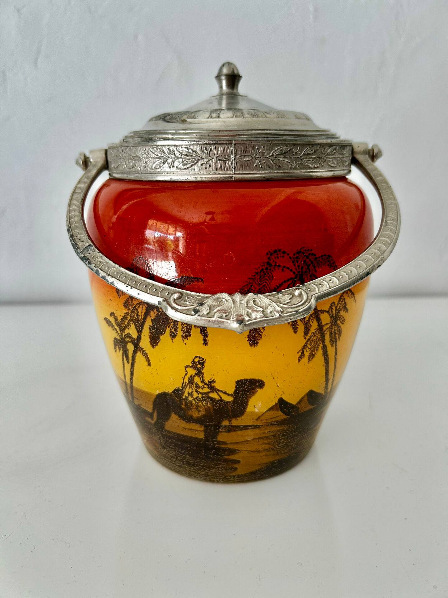 Art Deco biscuit jar in tango orange glass - Egypt Desert decor