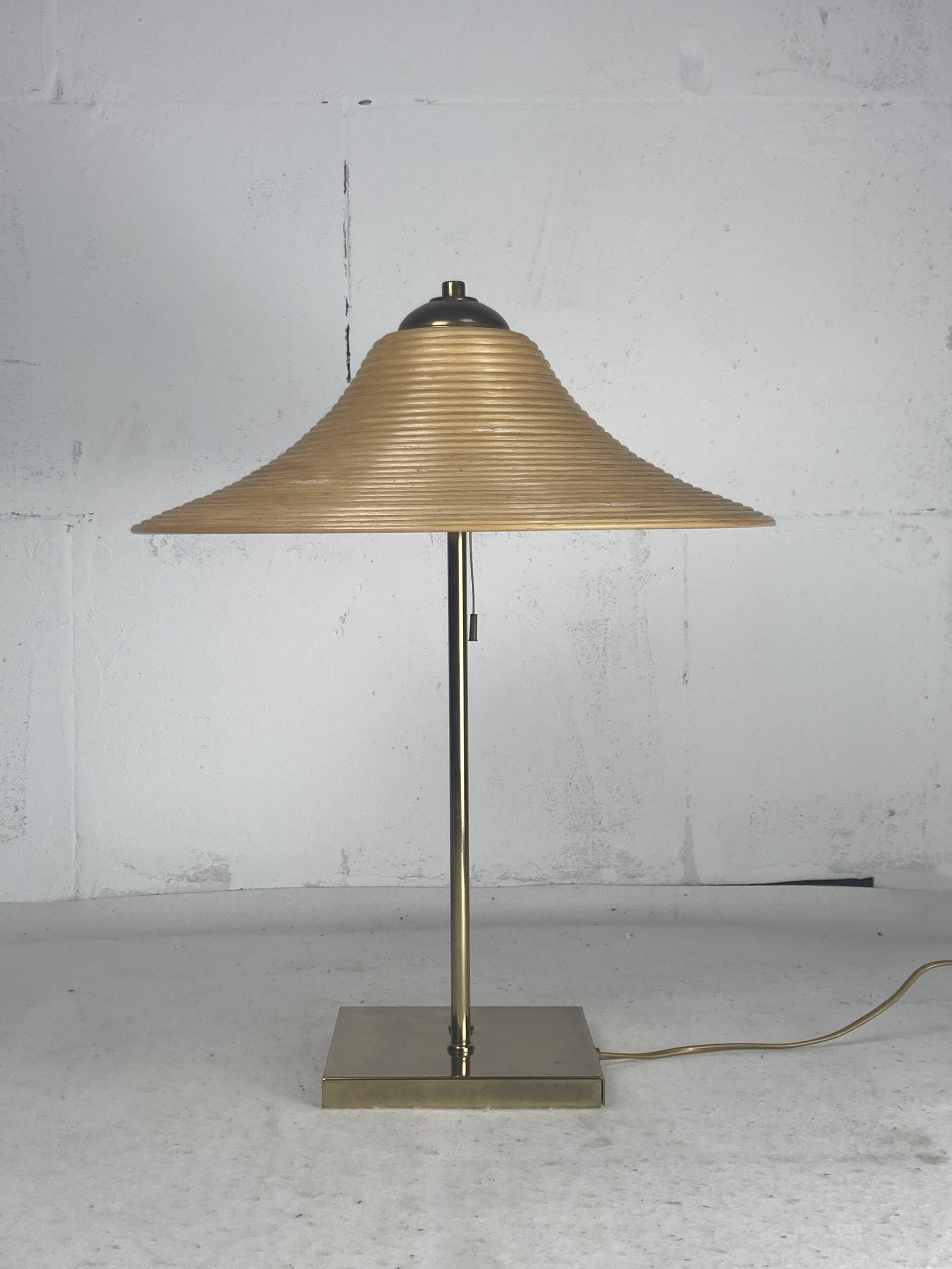 Brass and pencil reed rattan table lamp, Italy 1970s