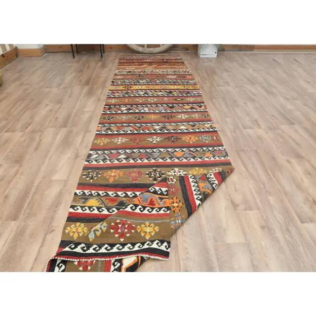 Tapis Kilim coloré en laine et coton fait main turc vintage des années 1970 98x405