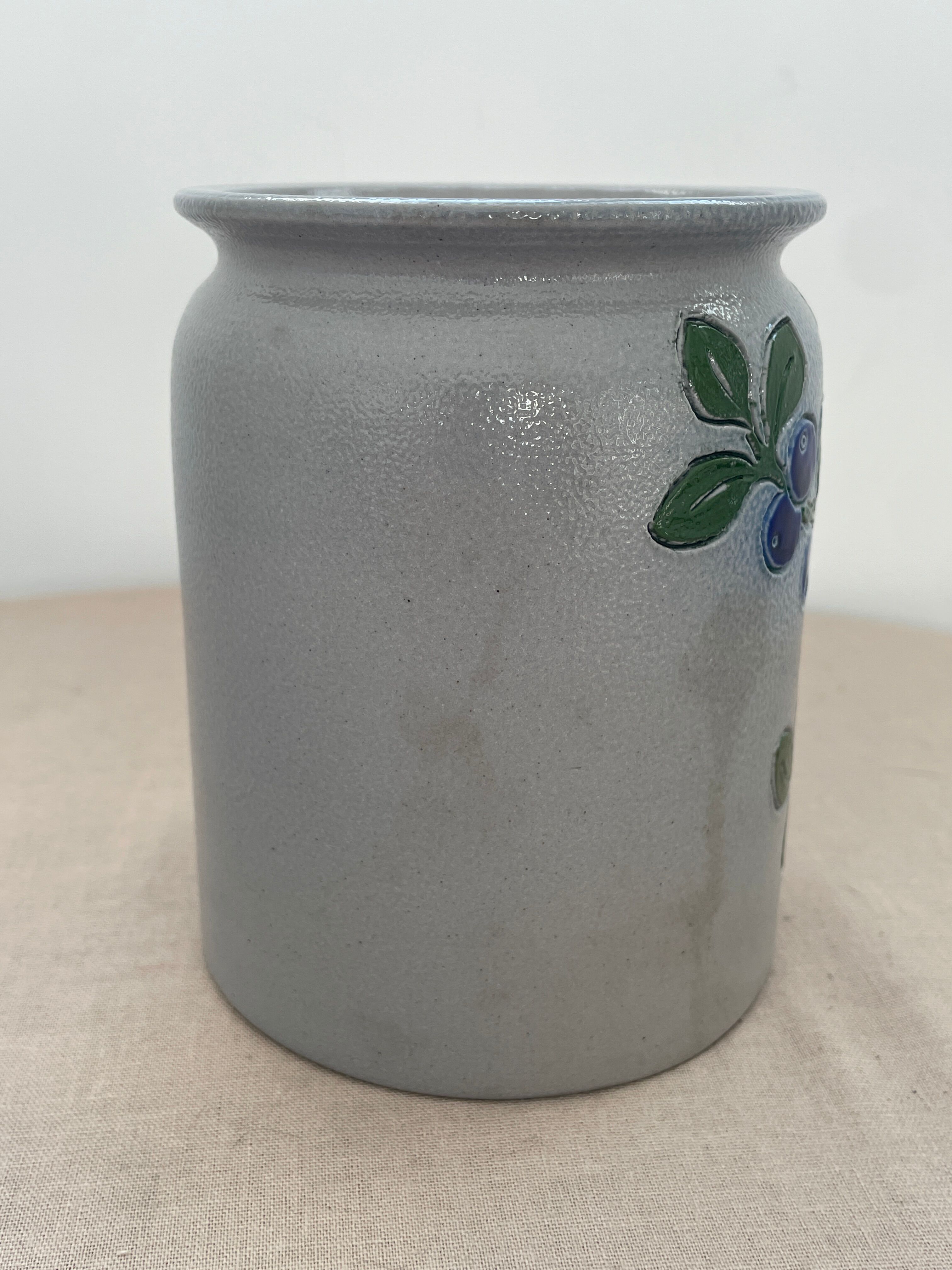 Vintage stoneware pot from Betschdorf signed TA Gilbert with olive decoration.