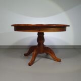 70s pine wood dining table / wood column leg table in 4-leg design with round top