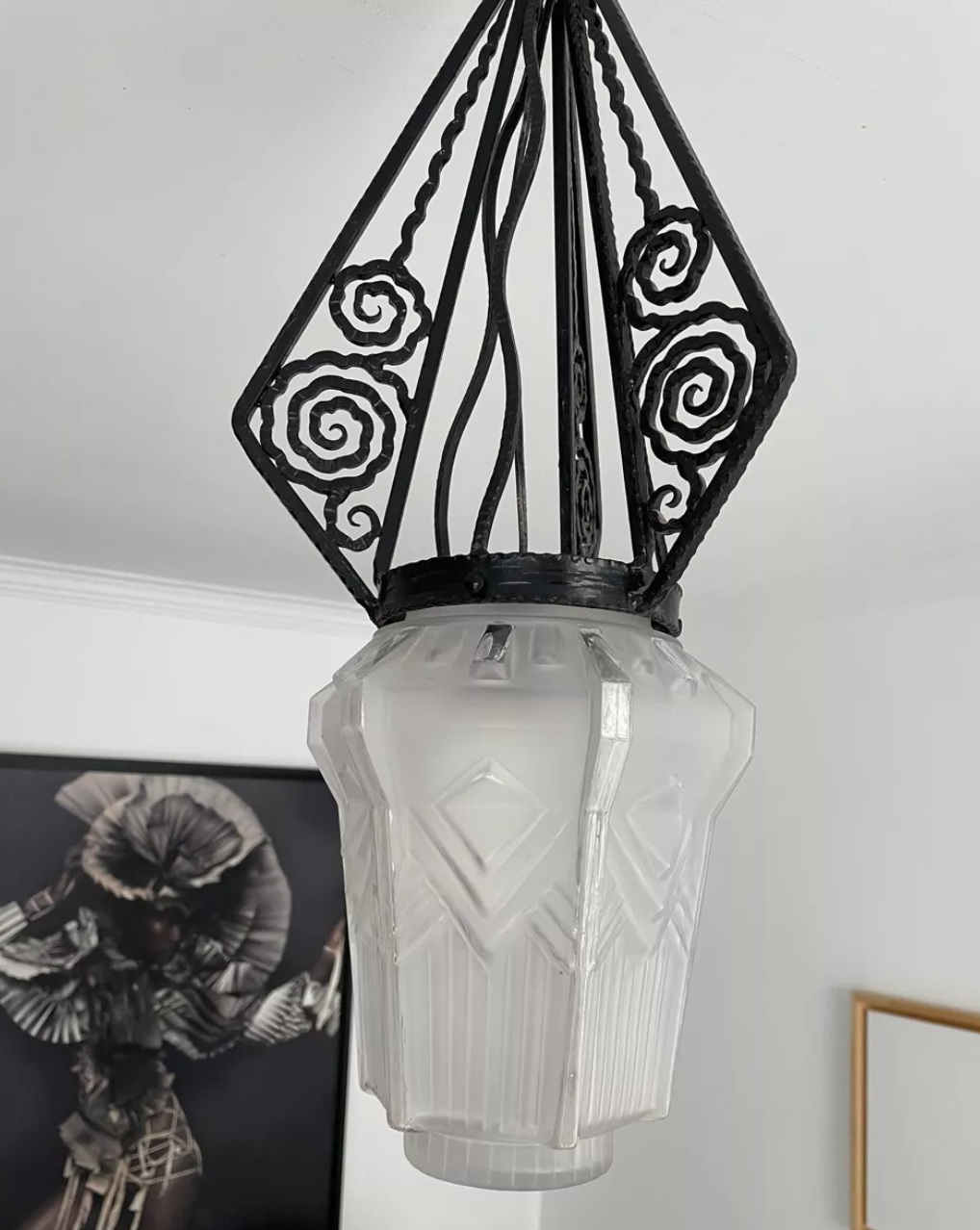 Hanging lamp in wrought iron and pressed molded glass, art nouveau