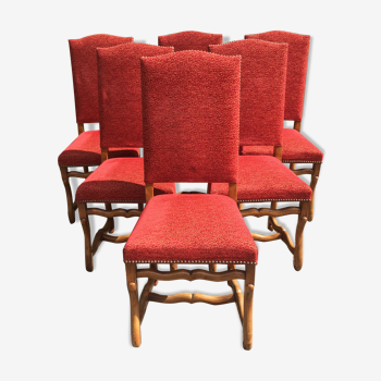 6 chaises vintage de style Louis XIII os de mouton en hêtre et velours