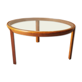 Table basse ronde tripode en chêne et verre, années 50