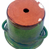 Cache pot en terre cuite émaillée verte vintage et sa soucoupe.