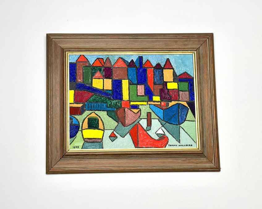 Mid Century Swedish Oil on Panel –  Harbour scene by Tommy Hallberg