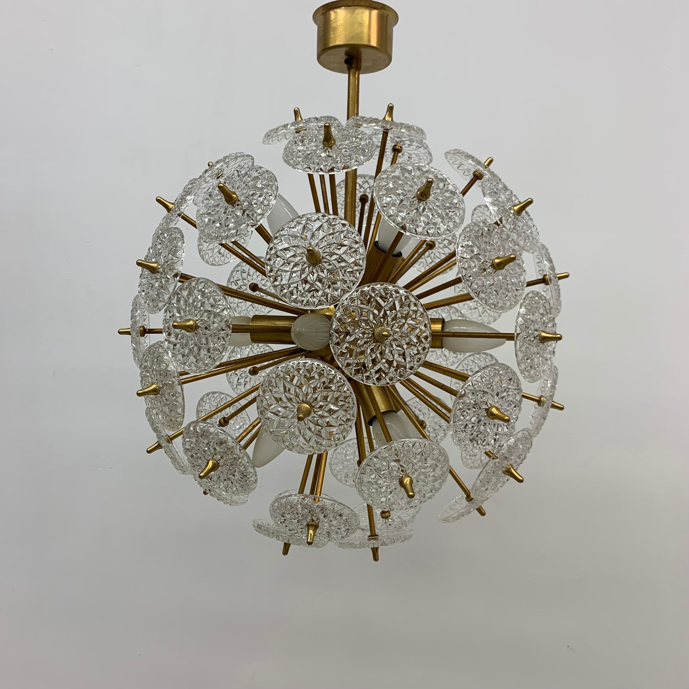 Val Saint Lambert crystal sputnik gold chandelier , 1960’s