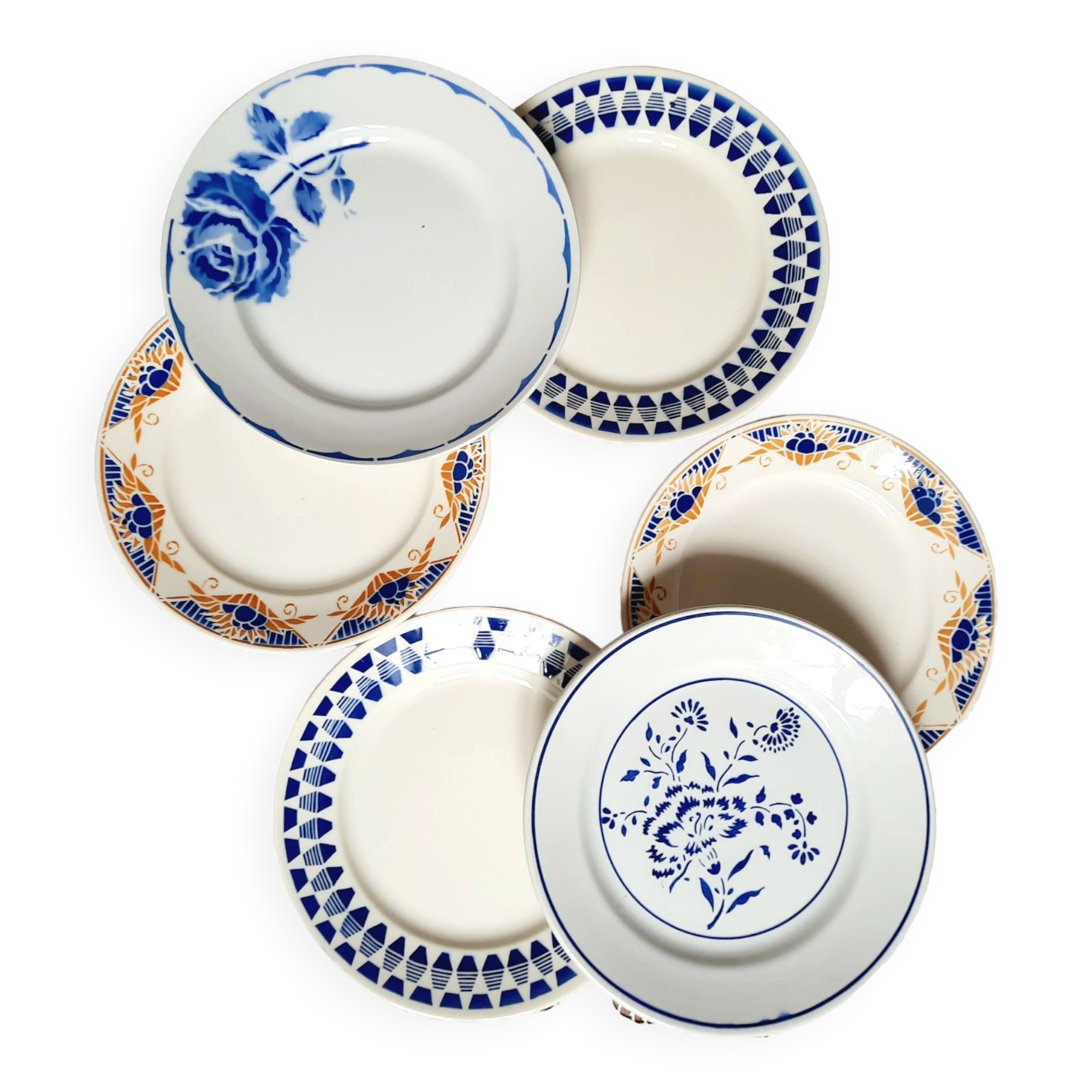 Old flat plates mismatched in earthenware