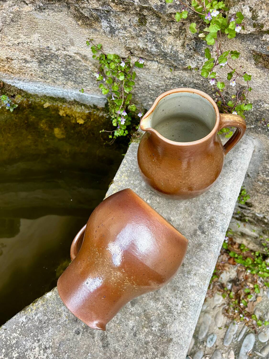 Set of 2 large vintage stoneware pitchers