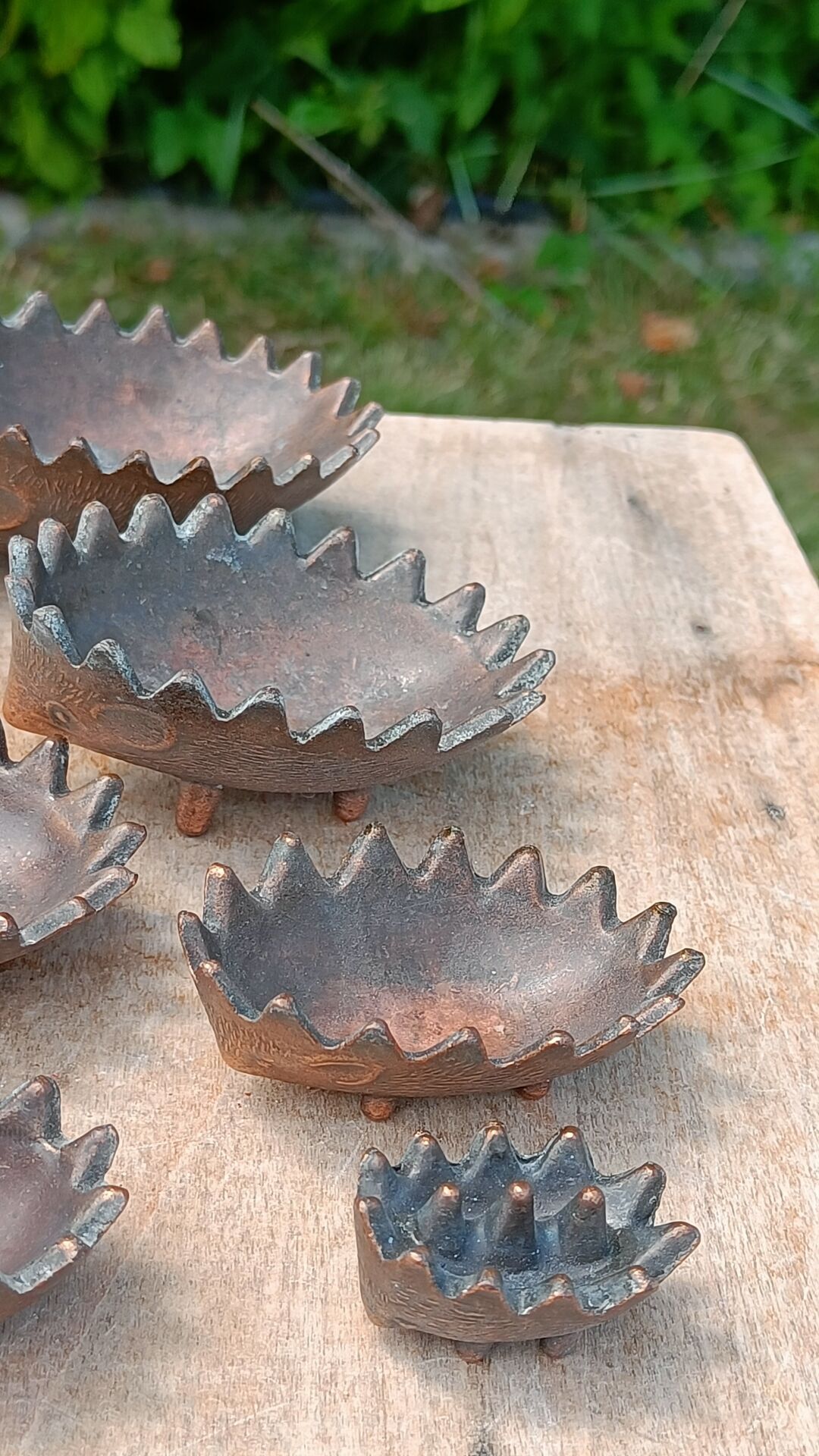 Vintage patinated metal hedgehog ashtrays – Greece