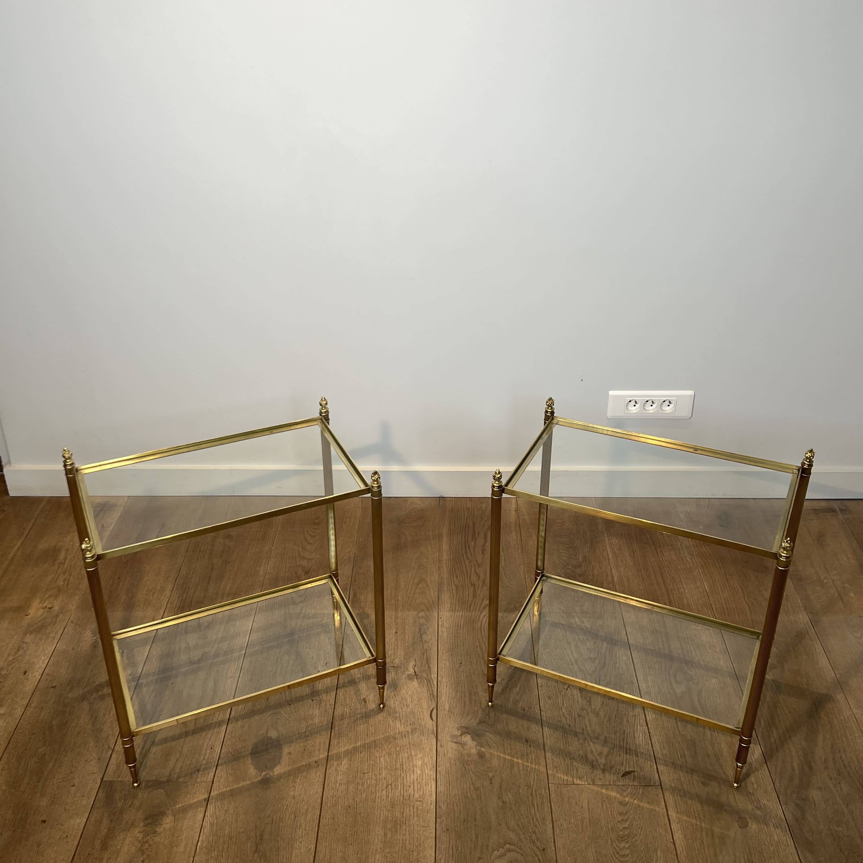 Pair of Side Tables with Two Brass and Glass Tops. Made in France.