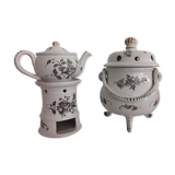 Ensemble théière sur chauffe plat et brûle parfum porcelaine à décor florale peint à la main