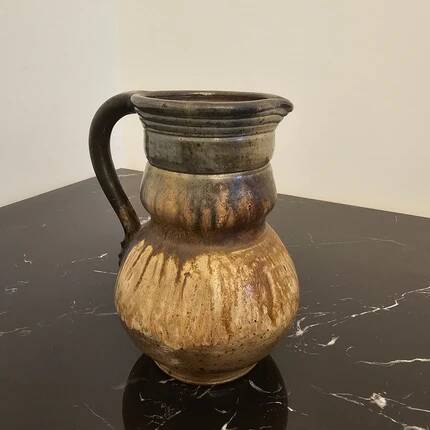 Beige and brown signed stoneware pitcher or decorative vase - rustic art style