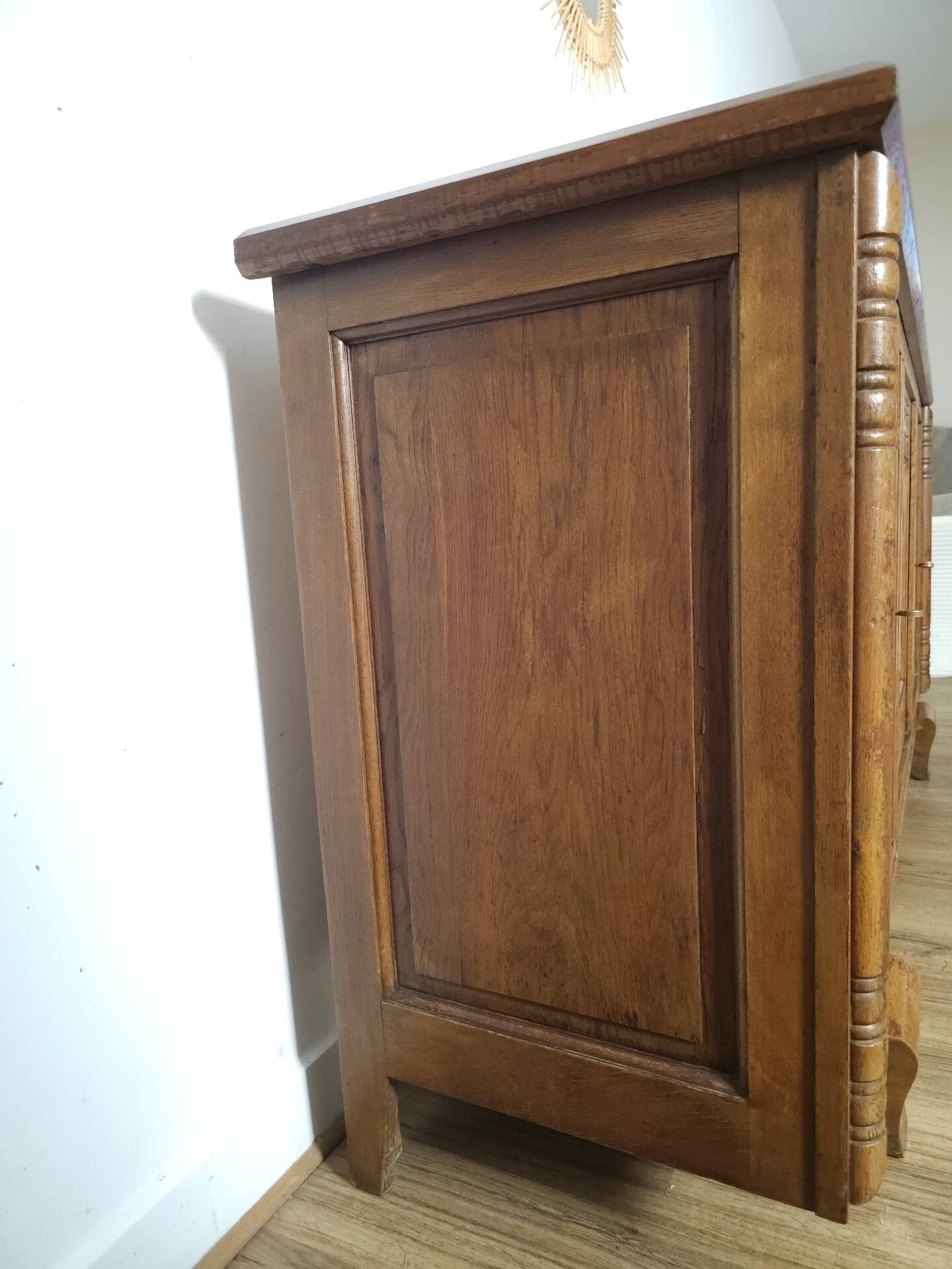 Solid oak sideboard, brutalist and Art Deco work, mid-century.