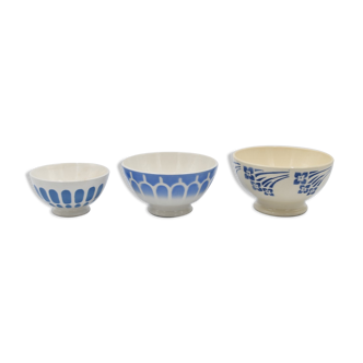 Set de 3 bols vintage cannelés différents décor bleu Digoin et Moulin des loups