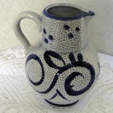 Wine or water jug, grey stoneware, blue decor