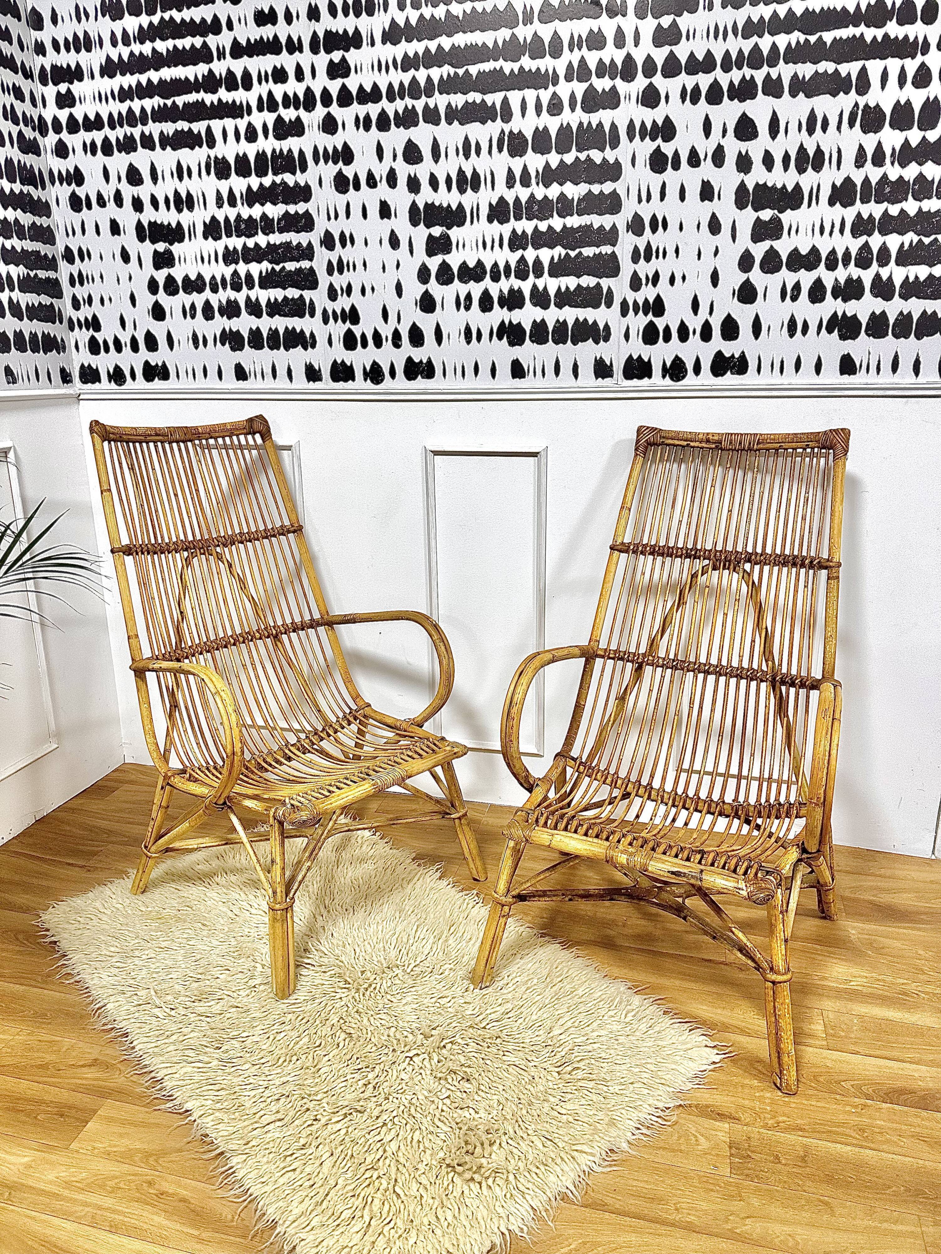Pair vintage rattan armchairs