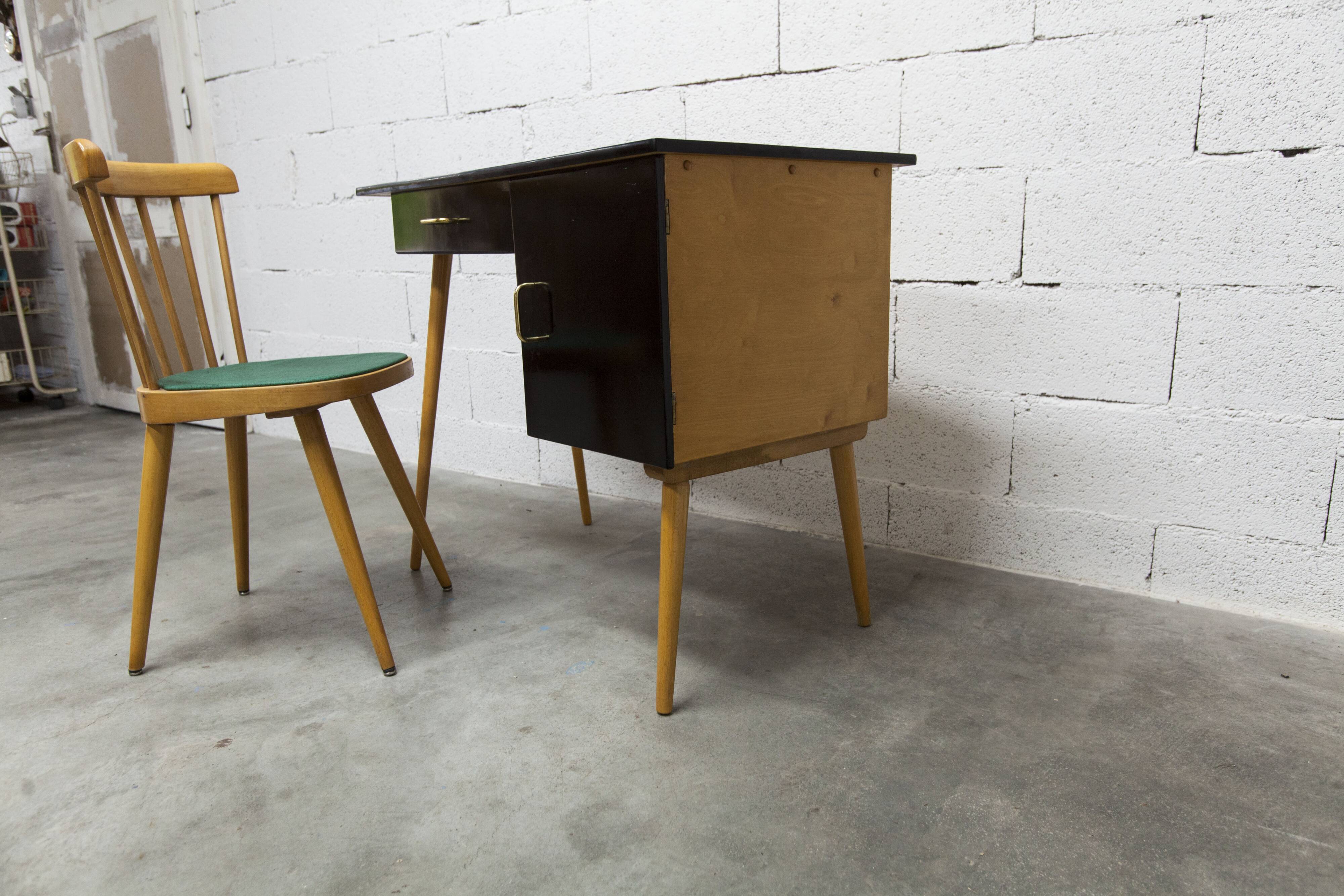 Baumann desk and chair, 1960s, Formica, wood and black, green seat