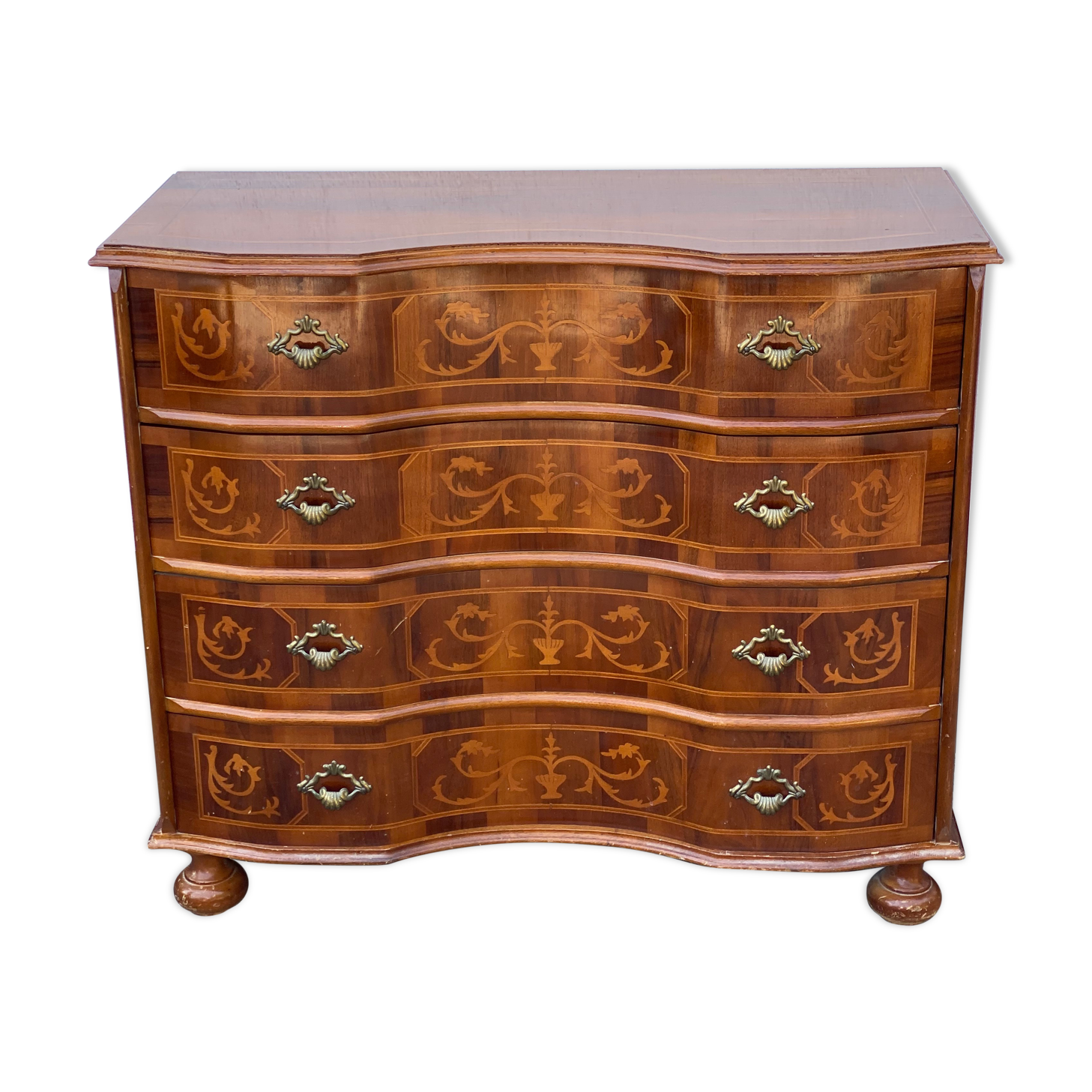 Vintage Inlay Wood Chest of Drawers in the Style of Louis XIV