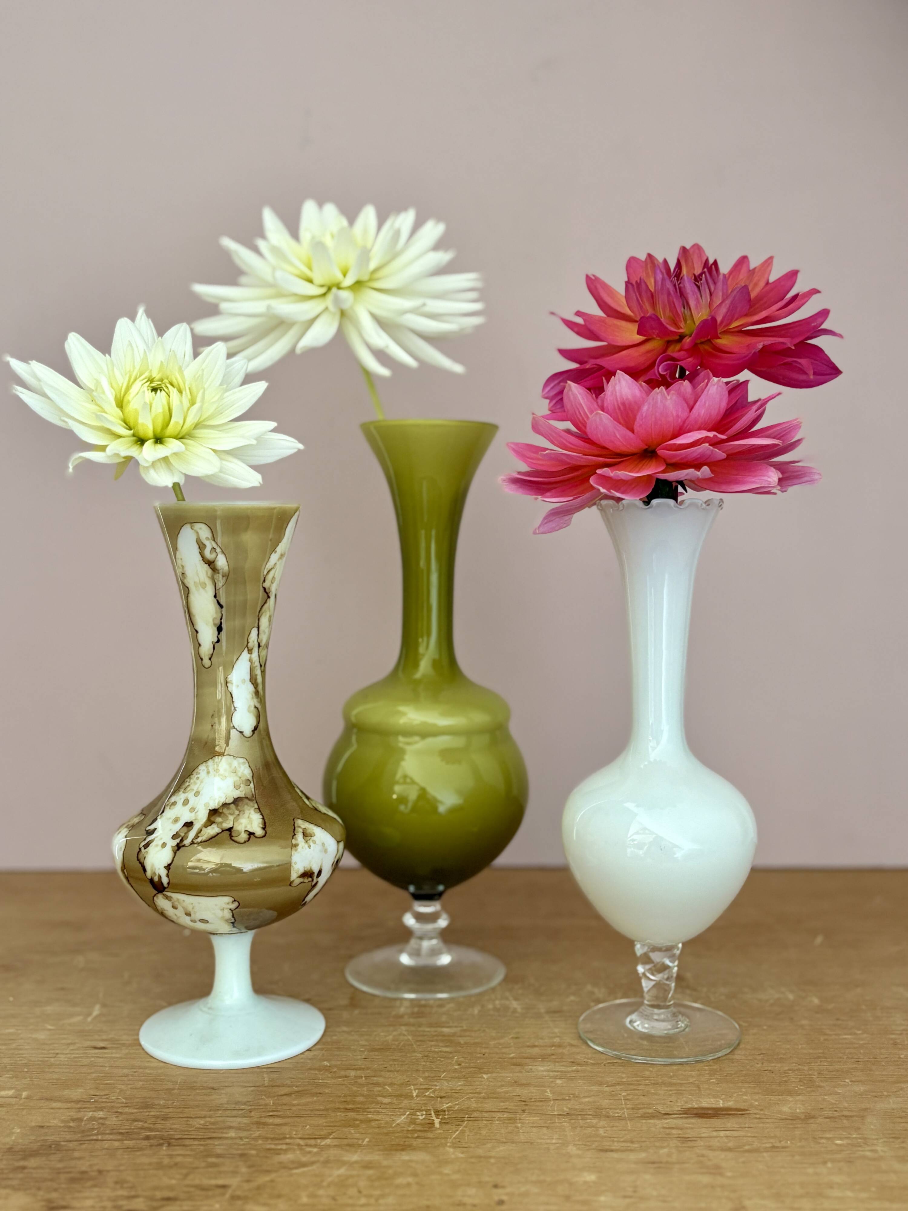 Set of 3 vintage glass and opaline vases