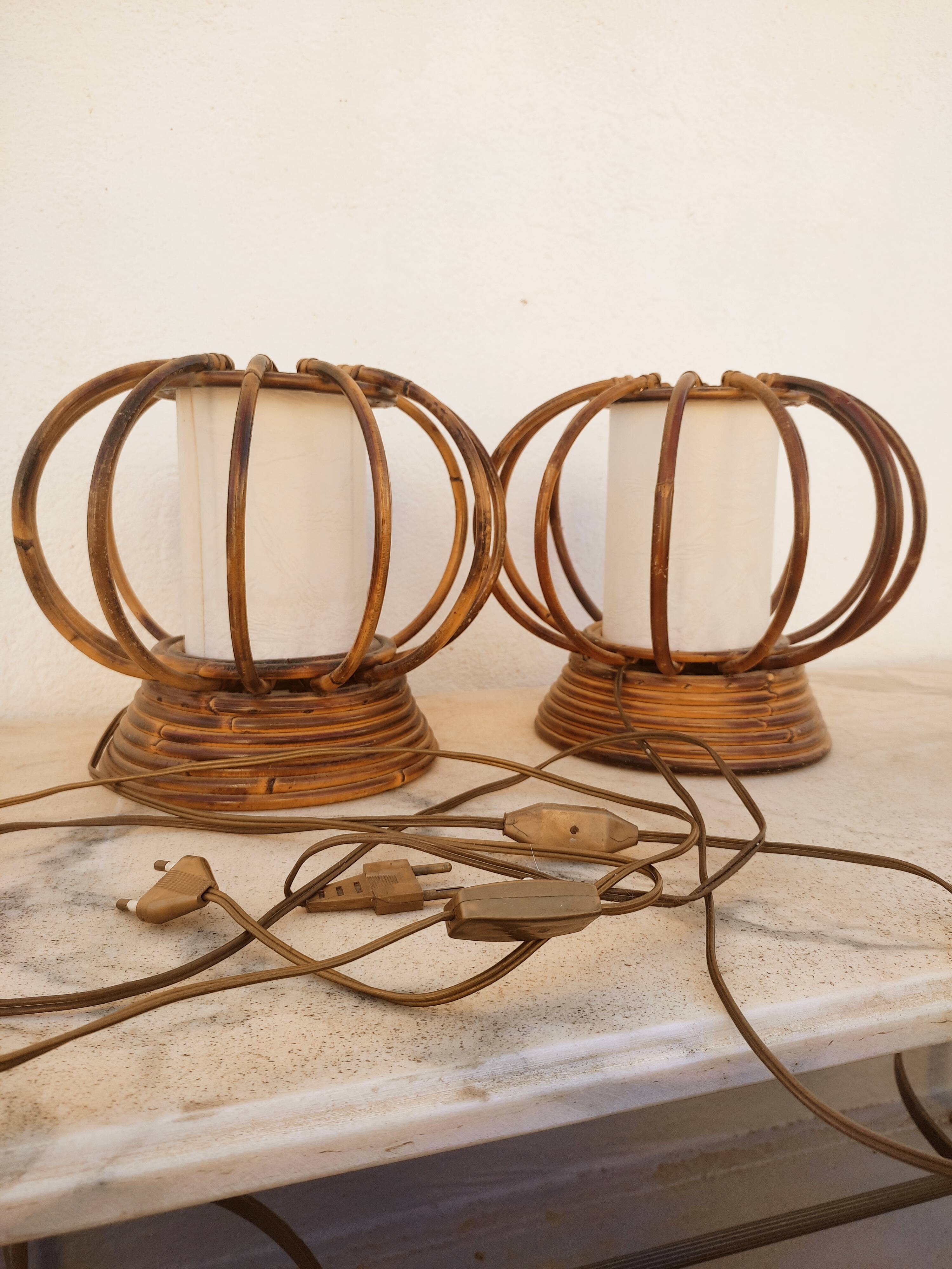 Pair of rattan lamps by Louis Sognot