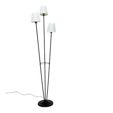 Three-light floor lamp in black lacquered metal, circa 1950.