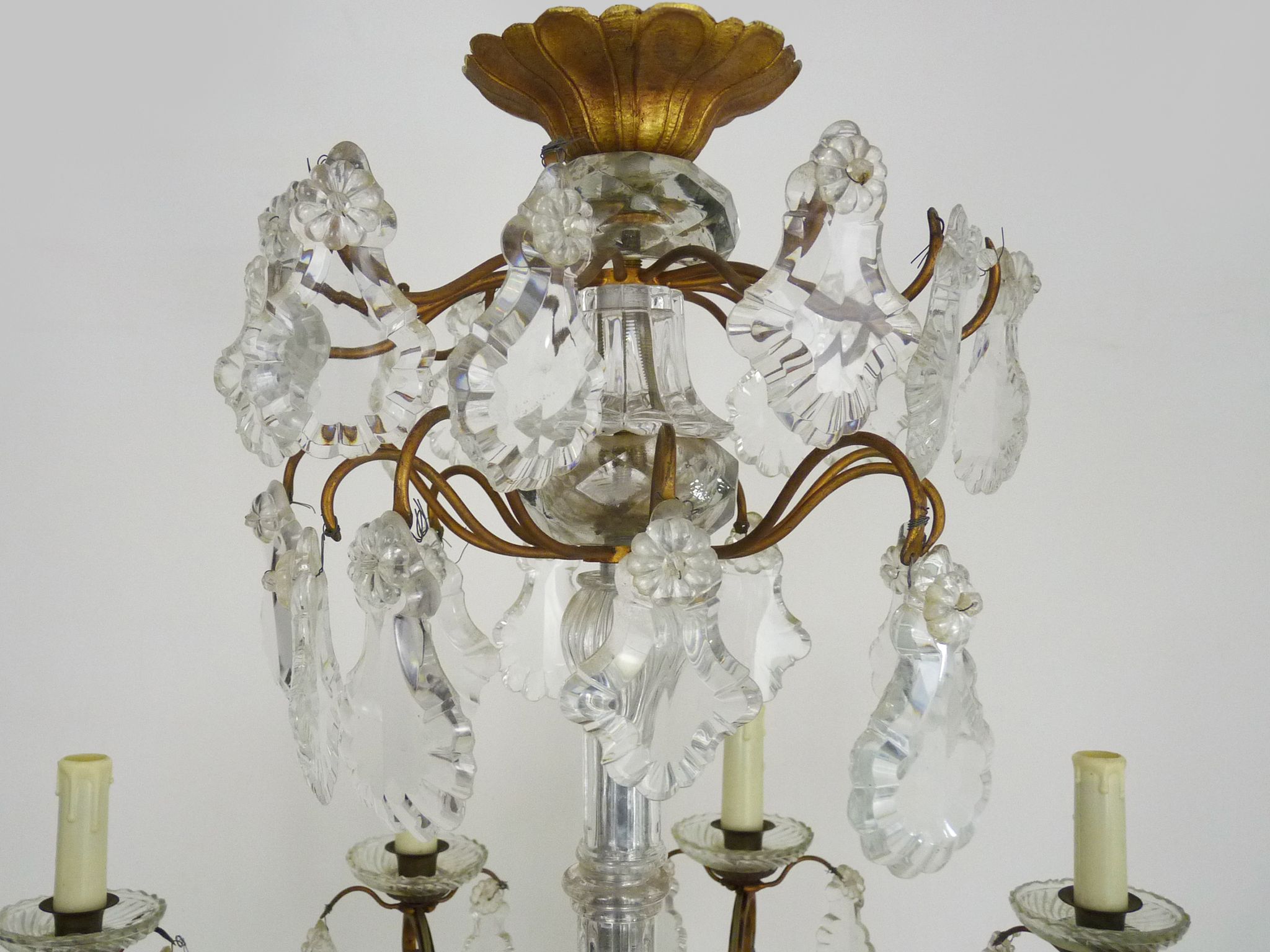 Old chandelier, suspension, old luminaire with 10 branches, brass and glass. 50s