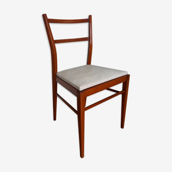 Chaise scandinave bois couleur acajou et skaï blanc