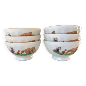 Set of 6 small earthenware bowls with farmhouse patterns from the 1950s