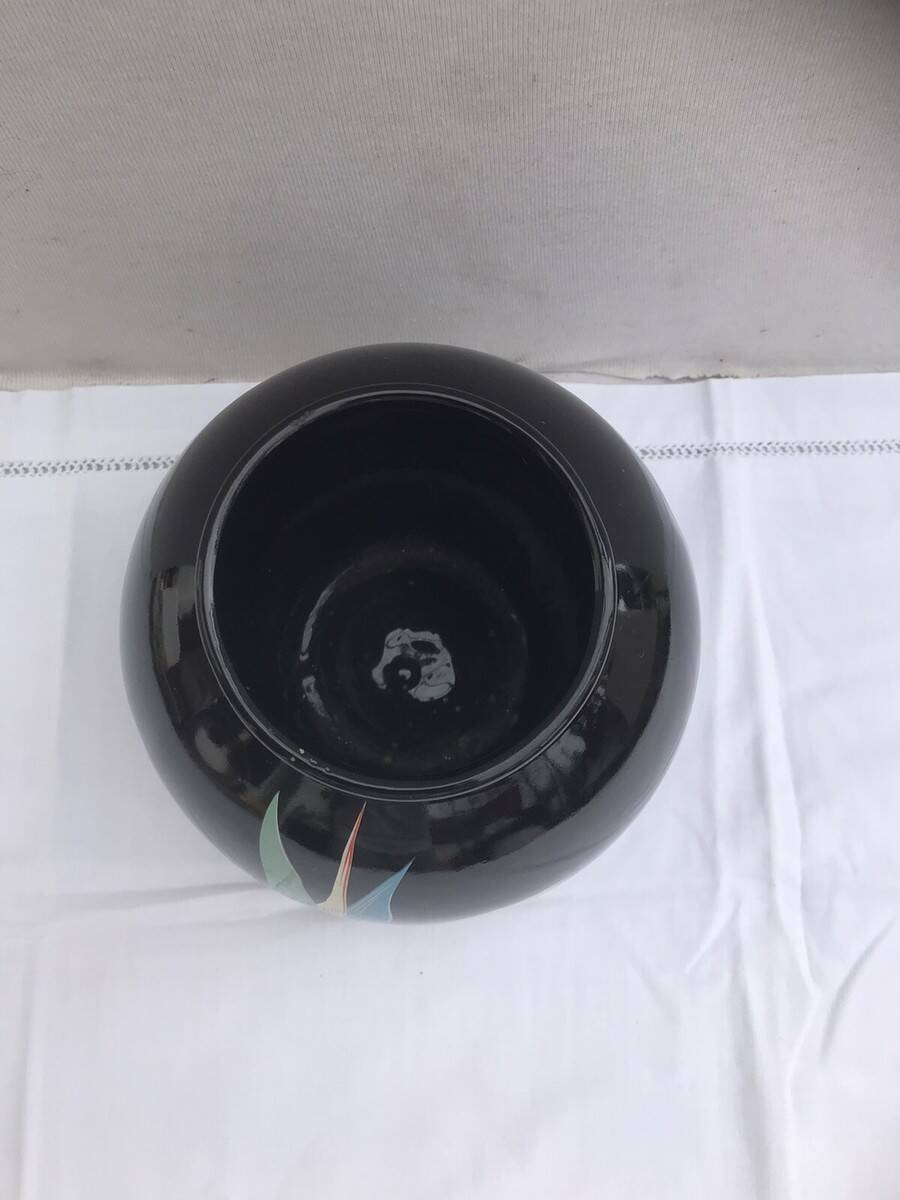 Black Ceramic Round Vase with Flower and Paradise Bird Design, 1970s Vintage