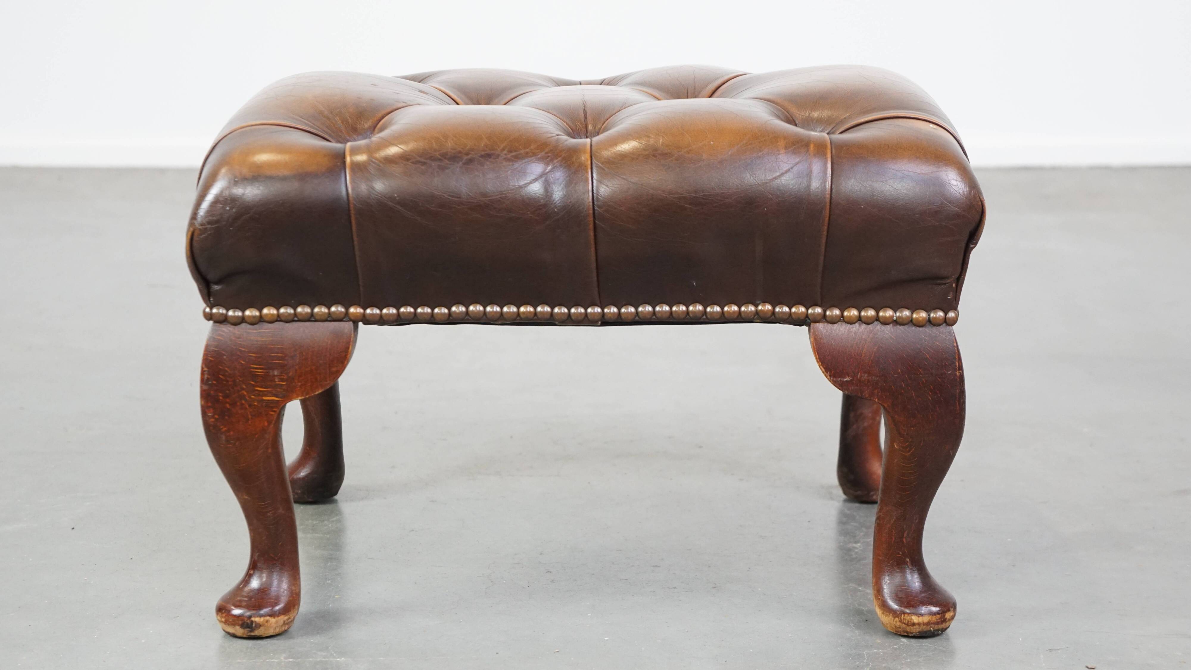 Brown cow leather chesterfield footstool