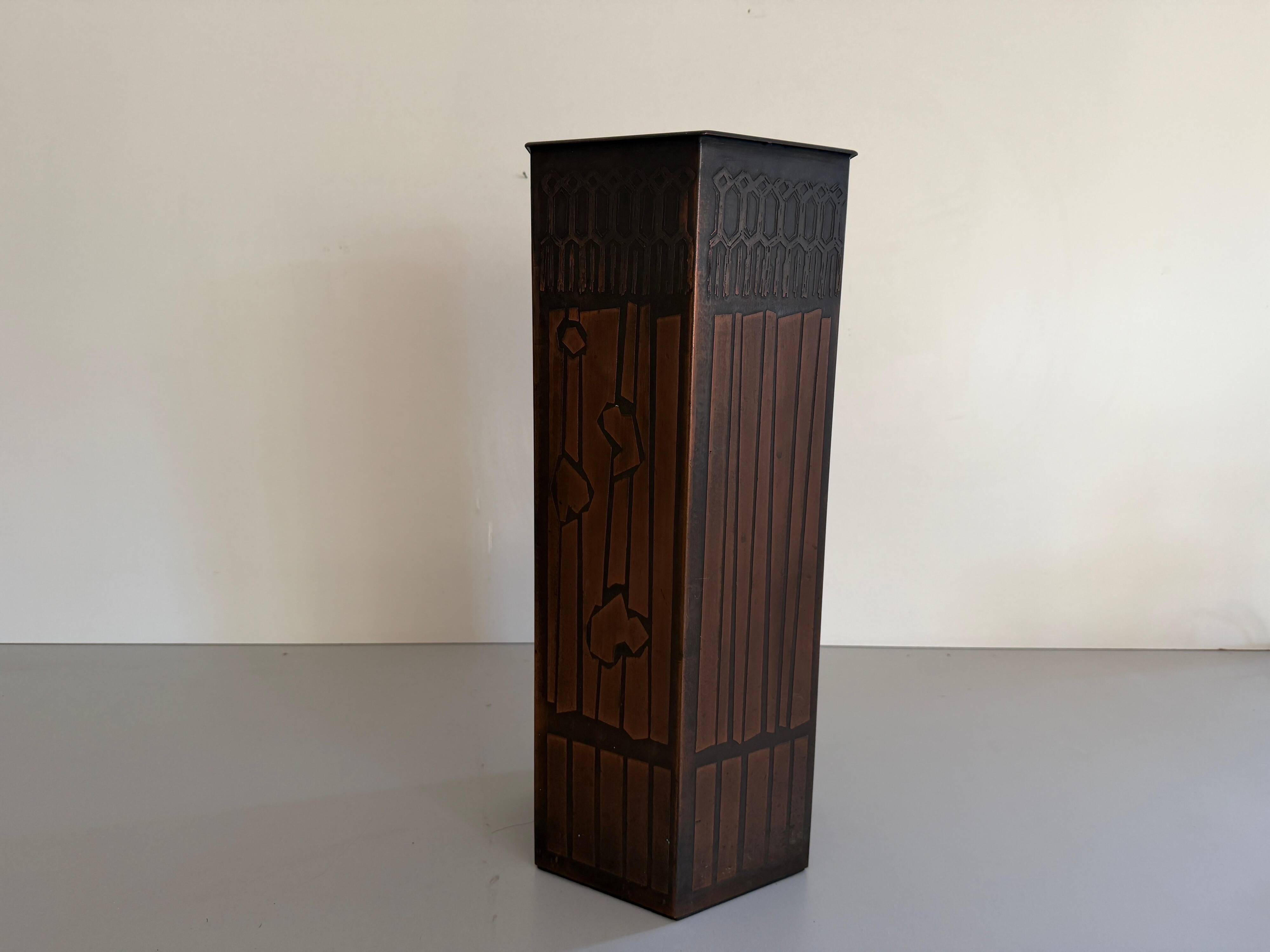Hexagonal copper umbrella stand signed by the artist, 1960s, Italy.
